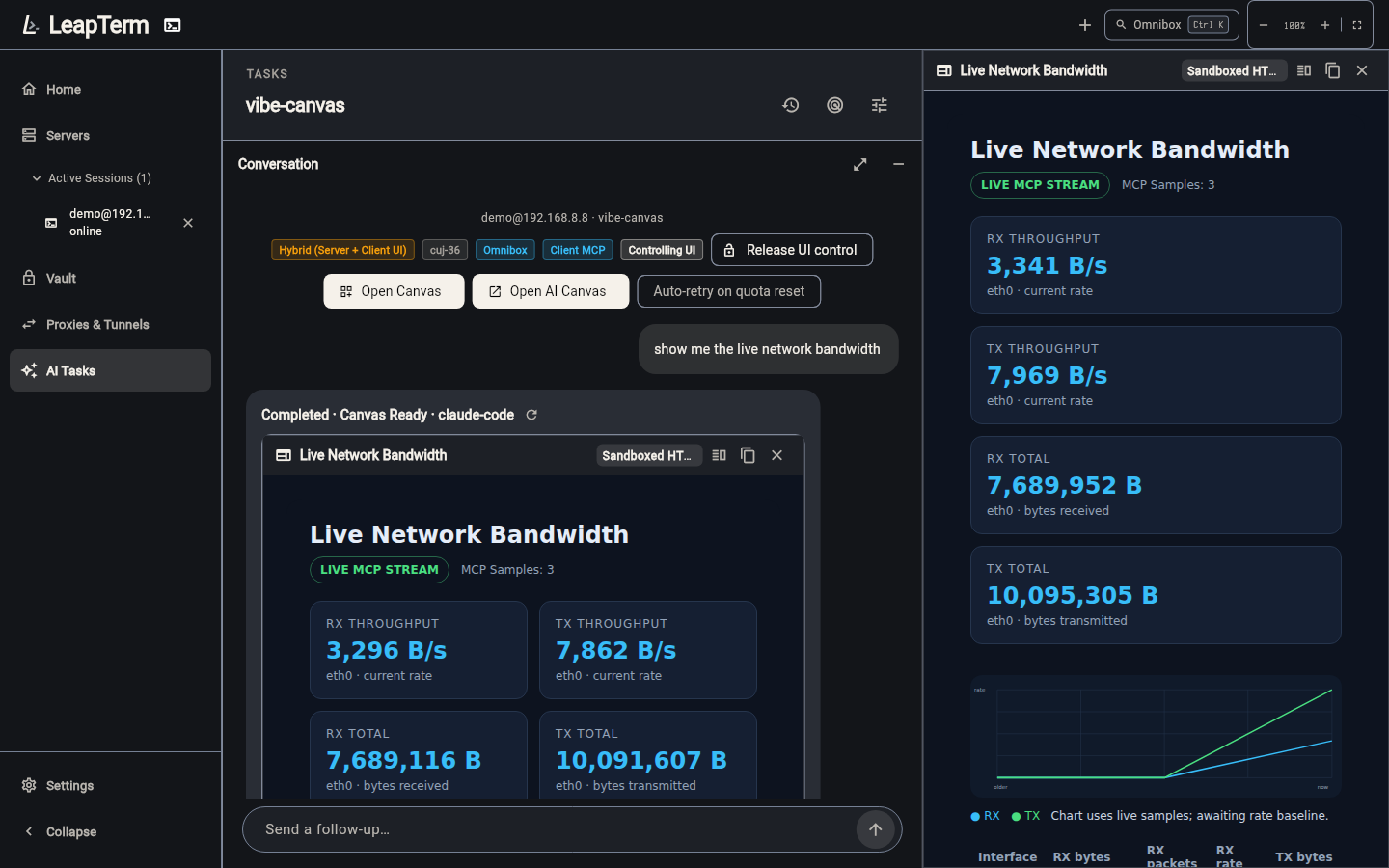 Sandboxed Canvas dashboard streaming live network bandwidth telemetry via the read-only MCP bridge