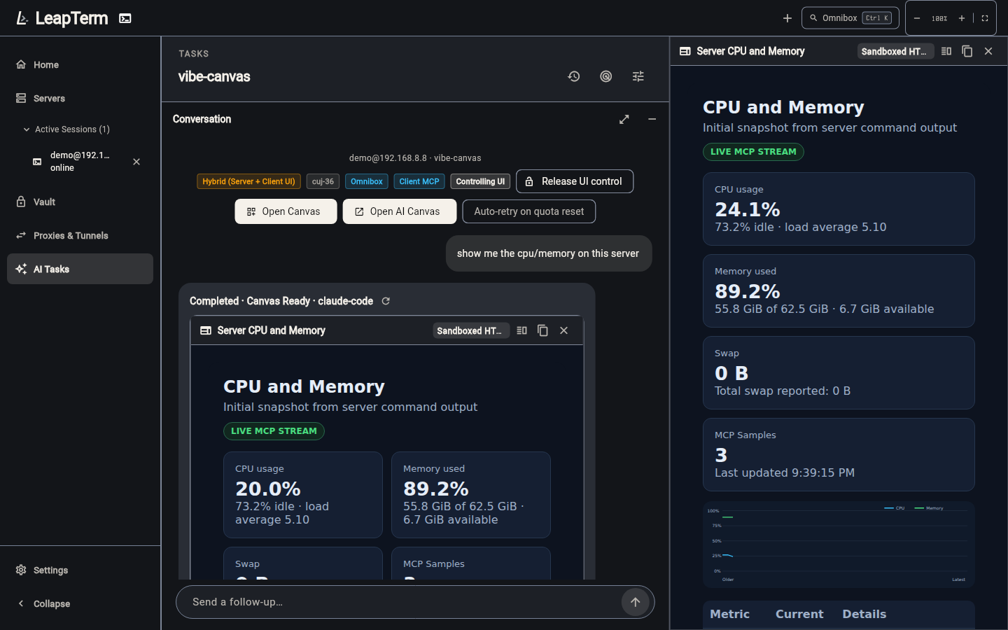 Sandboxed Canvas dashboard streaming live CPU, load average, RAM and top process metrics via the read-only MCP bridge
