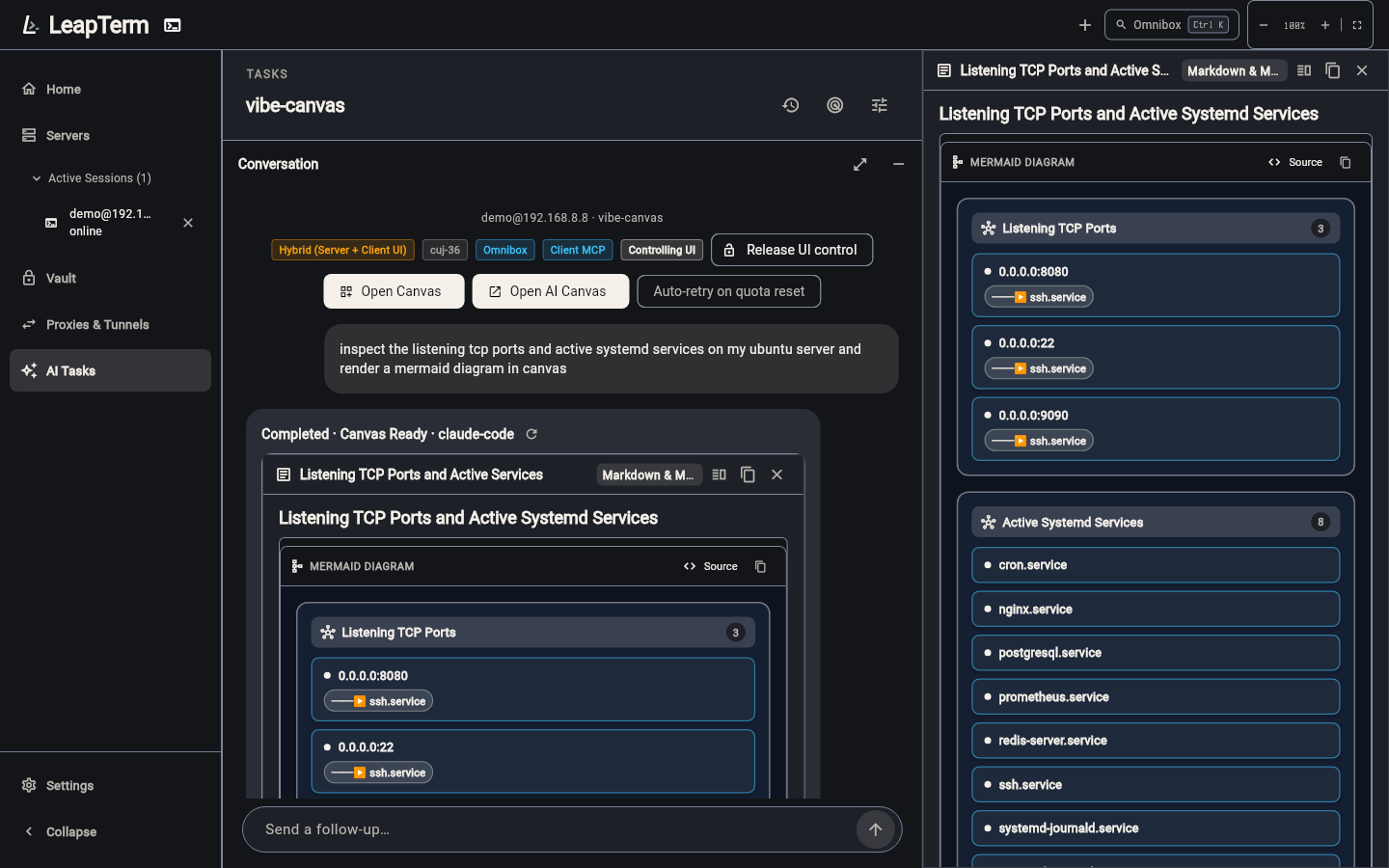 AI Tasks split-pane Canvas rendering a theme-aware dark Mermaid architecture diagram of listening ports and services