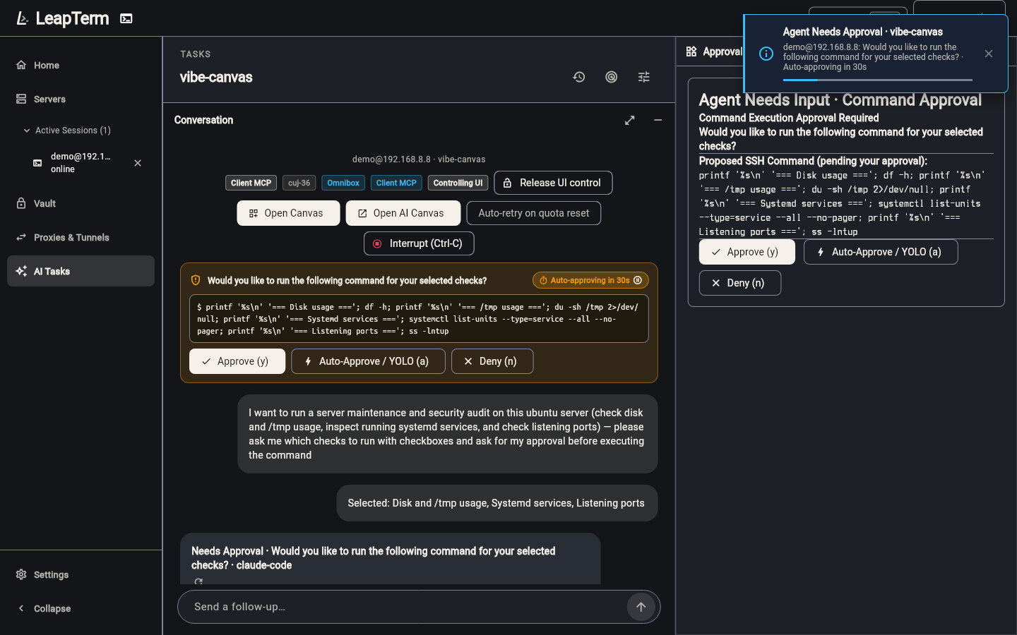 Active 5-second auto-approval countdown on Submit Selected and Command Approval cards