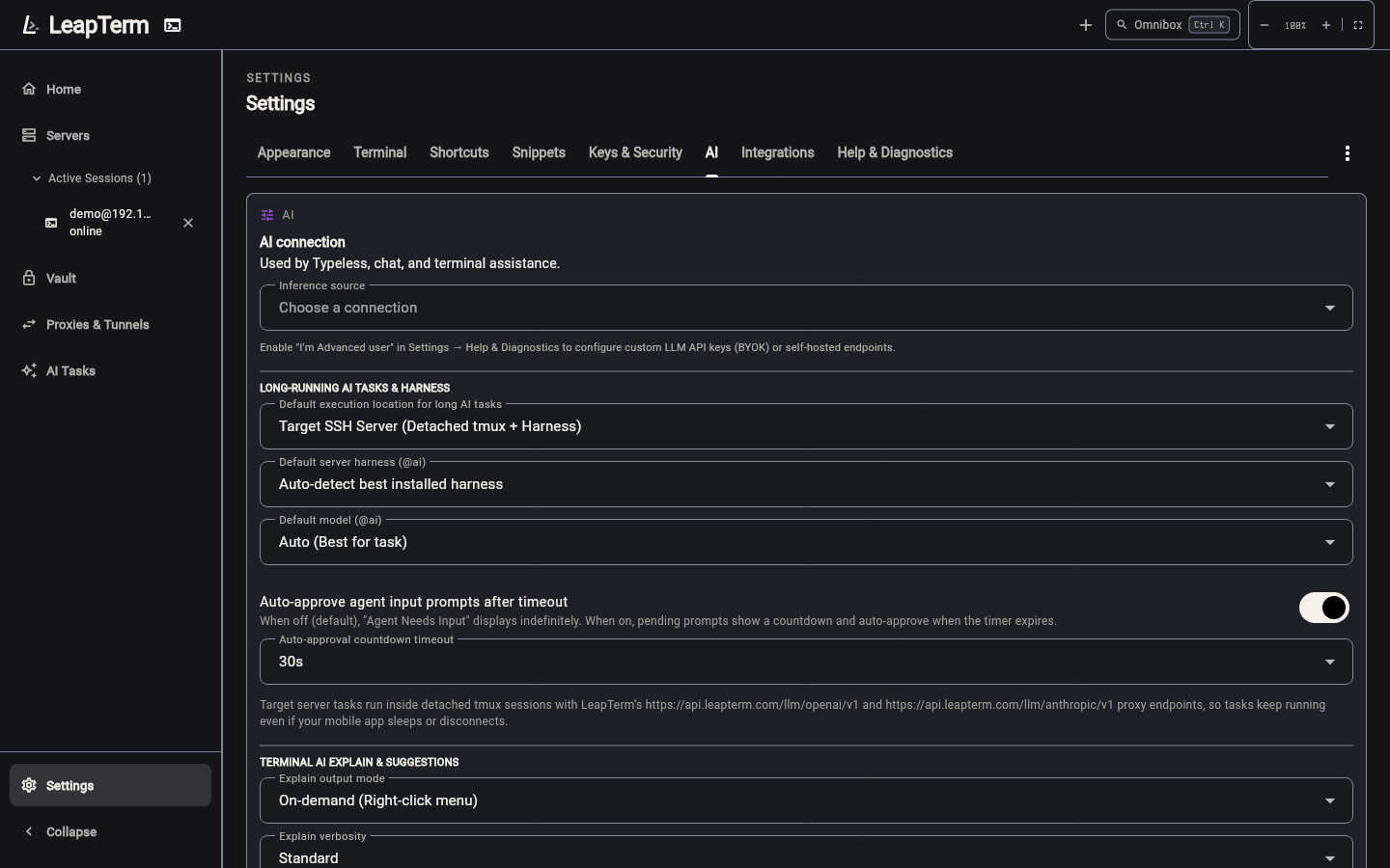 AI Settings showing Auto-approve agent actions enabled with a configurable 5-second countdown timeout