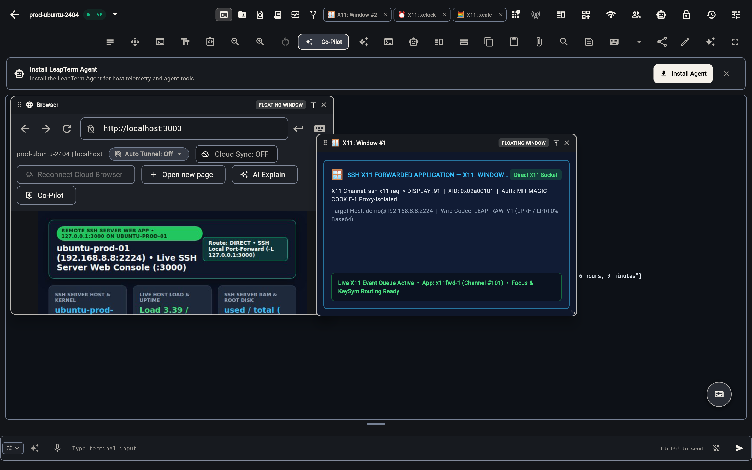 Chrome-style draggable and tear-off floating windows showing the In-App Browser and an X11 forwarded application window floating side-by-side over a live SSH terminal while remaining X11 app tabs stay docked in the top bar
