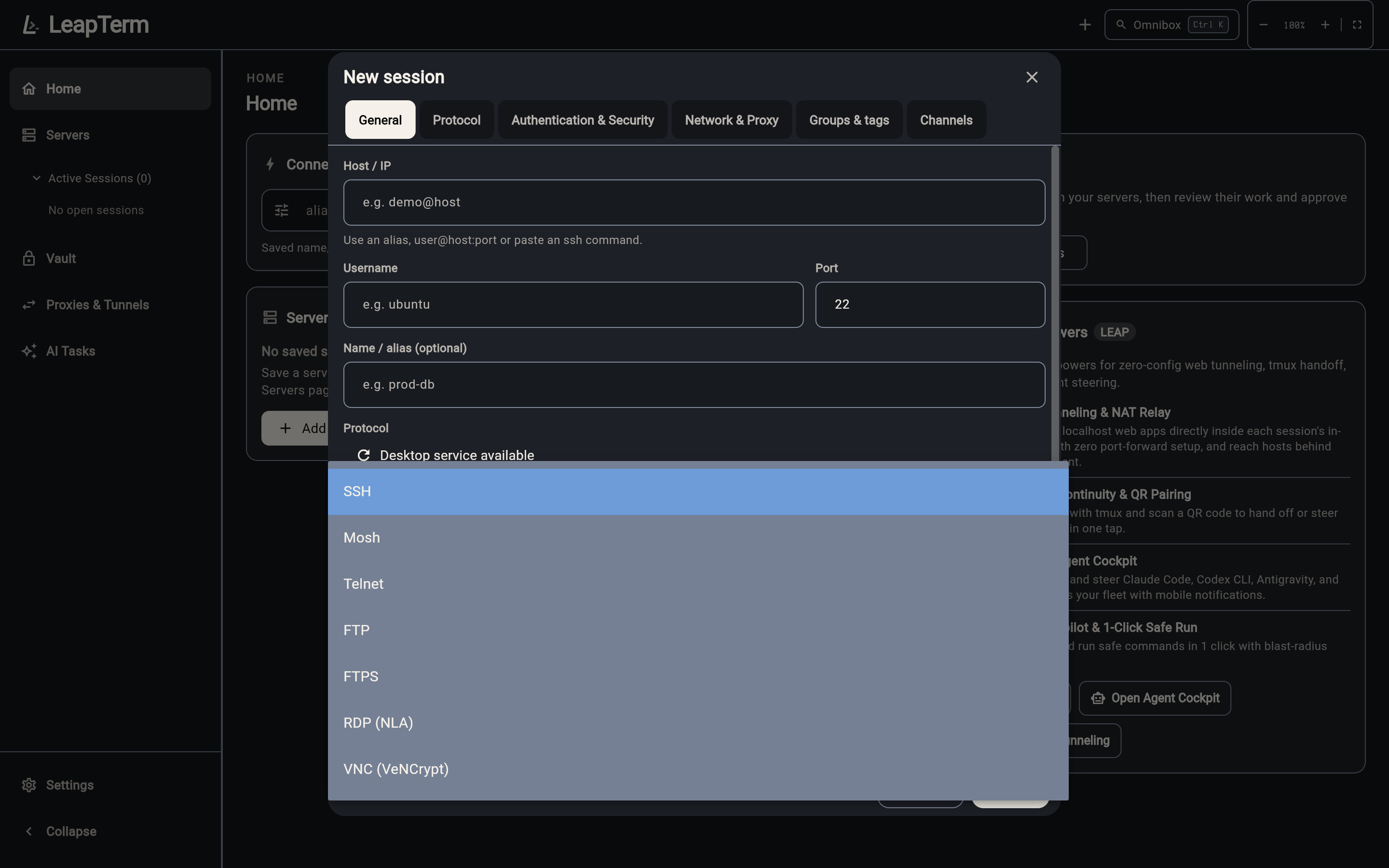 New Session dialog showing Desktop service available with RDP (NLA) and VNC (VeNCrypt) enabled in the protocol selector