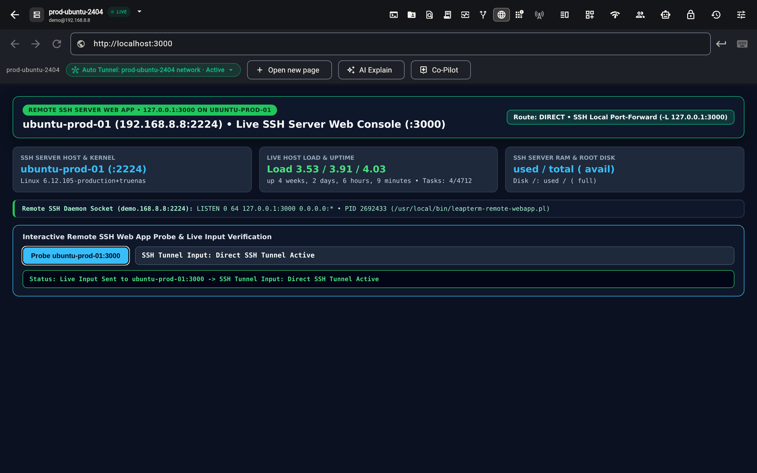 In-App Browser with Direct Auto-Tunnel active over the connected SSH host