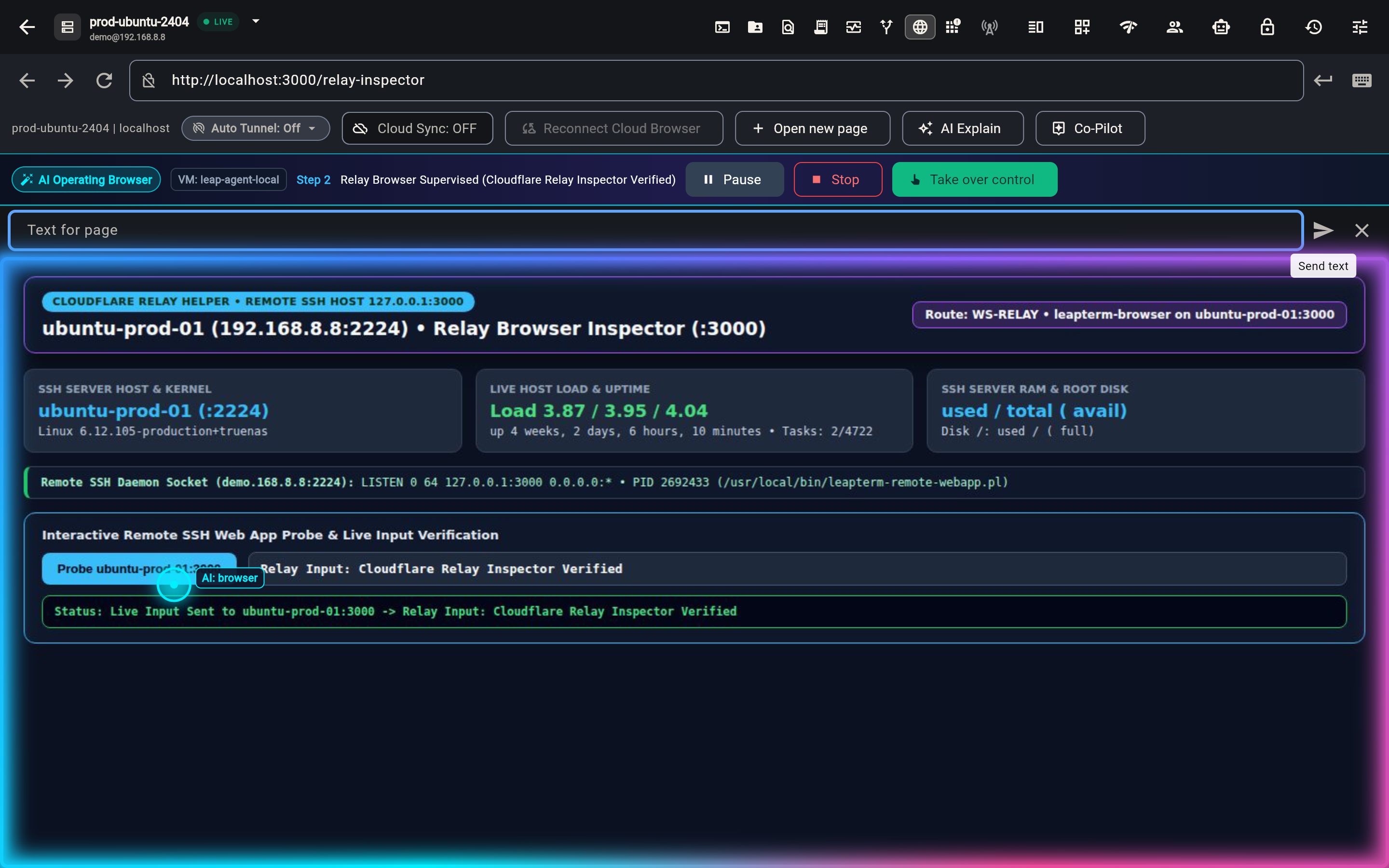 In-App Browser in Relay / Remote Browser Helper mode with AI Operating Browser supervision HUD and Type into page controls
