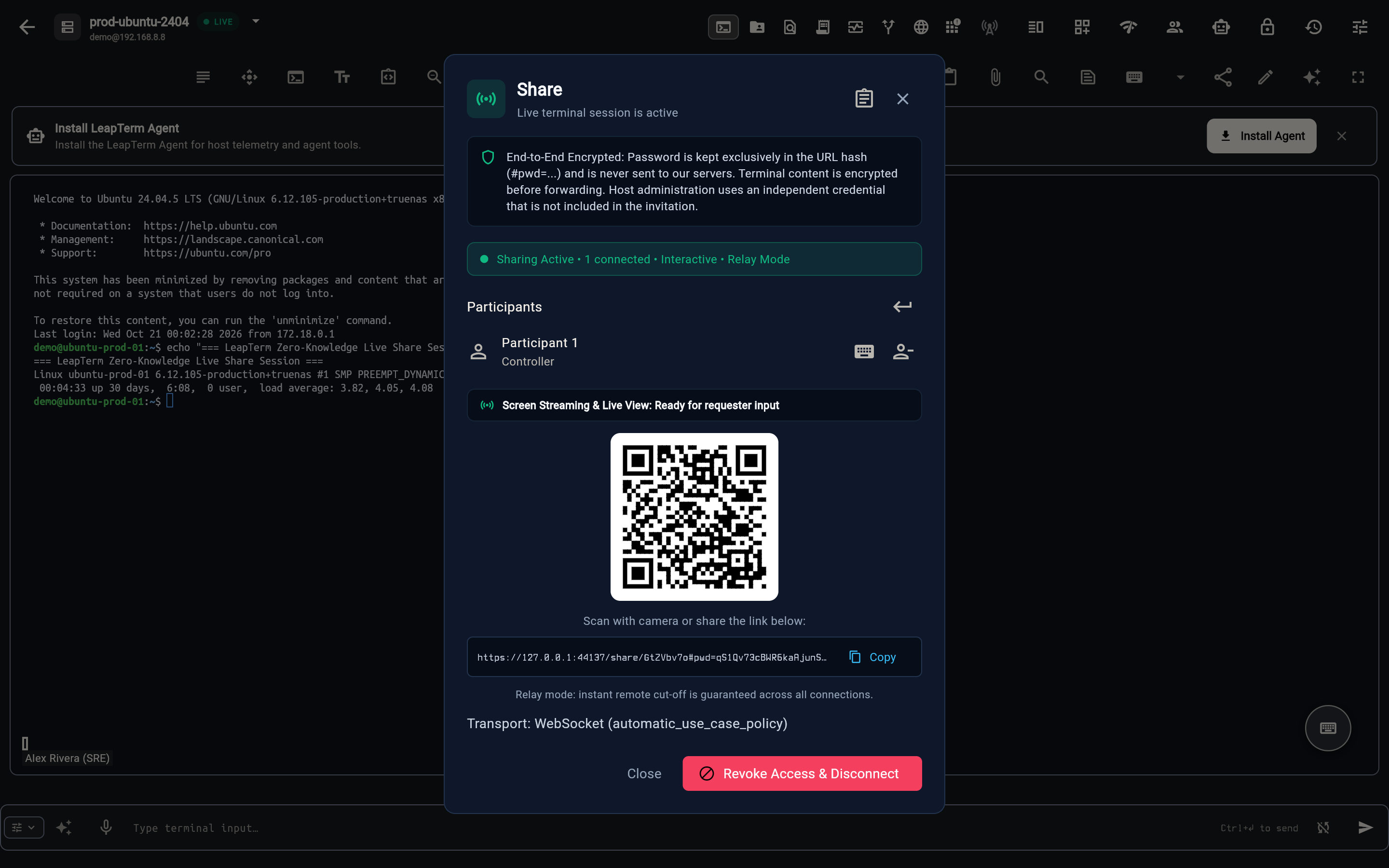 Active Live Share host dialog showing 1 connected participant with granted controller access, QR code and invitation URL