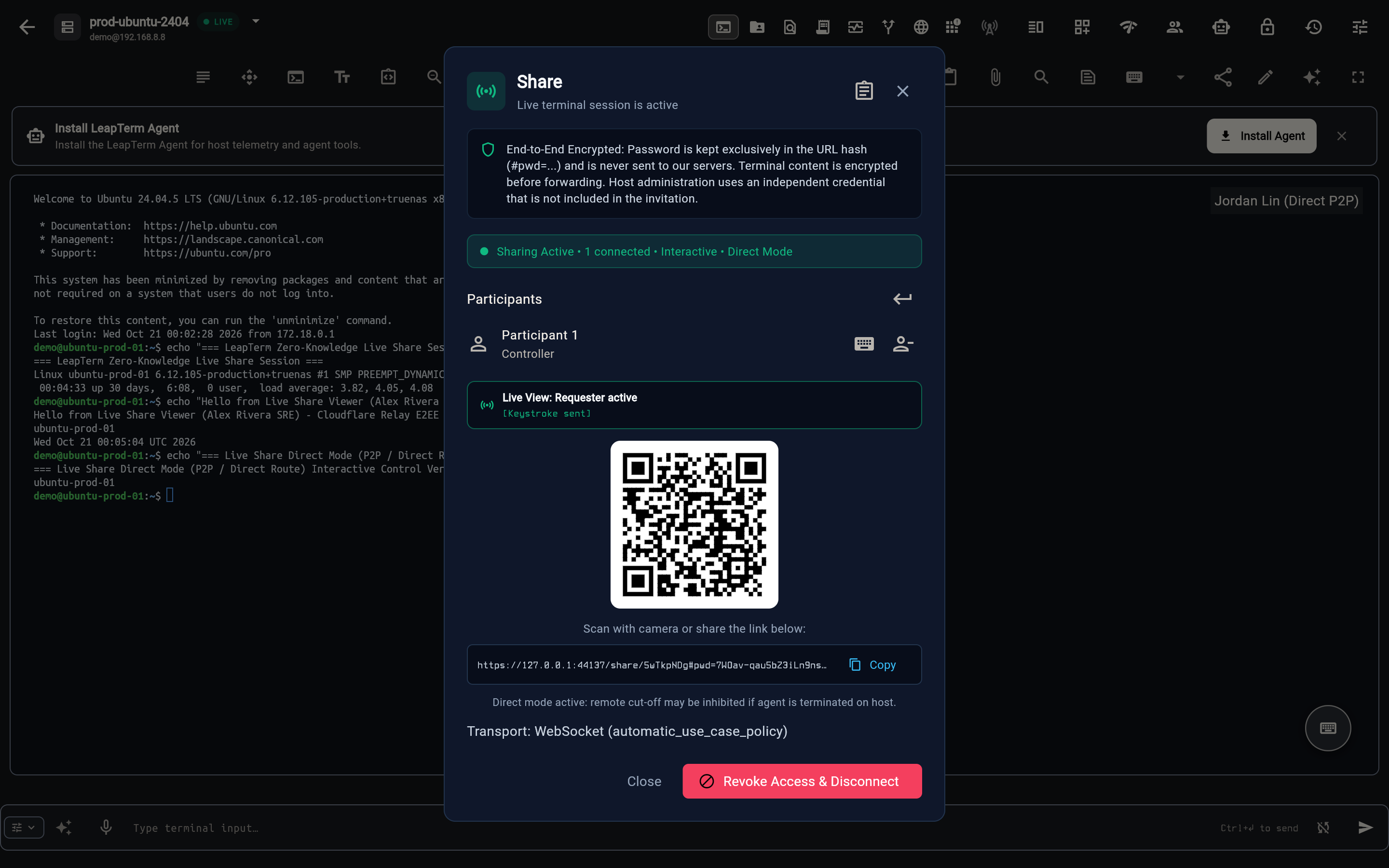 Active Live Share session in Direct Mode with interactive participant control