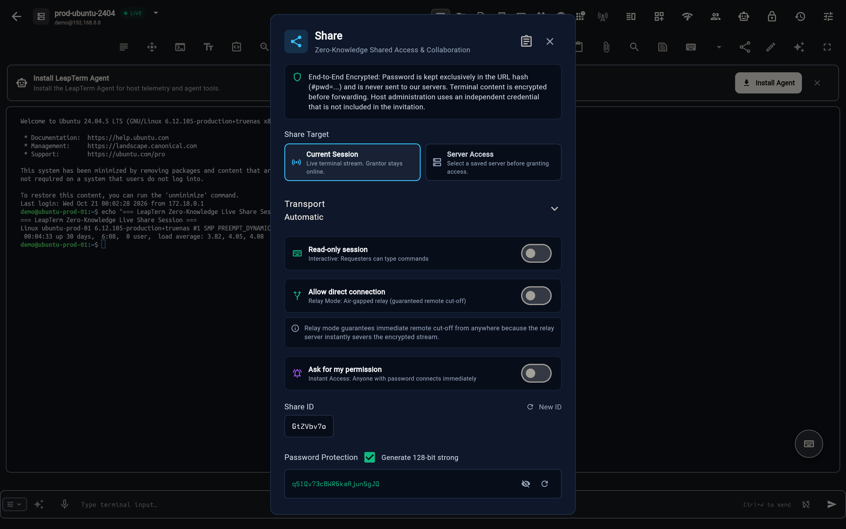 Live Share setup dialog showing read-only or interactive mode, relay mode, permission prompt toggle, expiry controls and 128-bit password