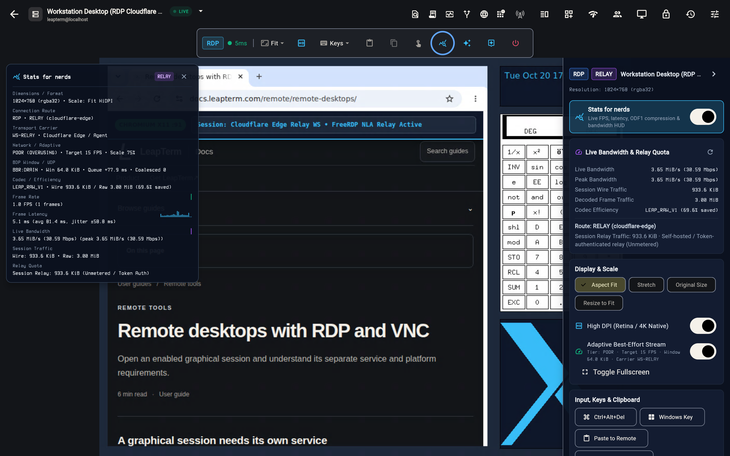 Live RDP (NLA) remote desktop session routed via Cloudflare Relay with Stats for nerds and the RELAY controls drawer open