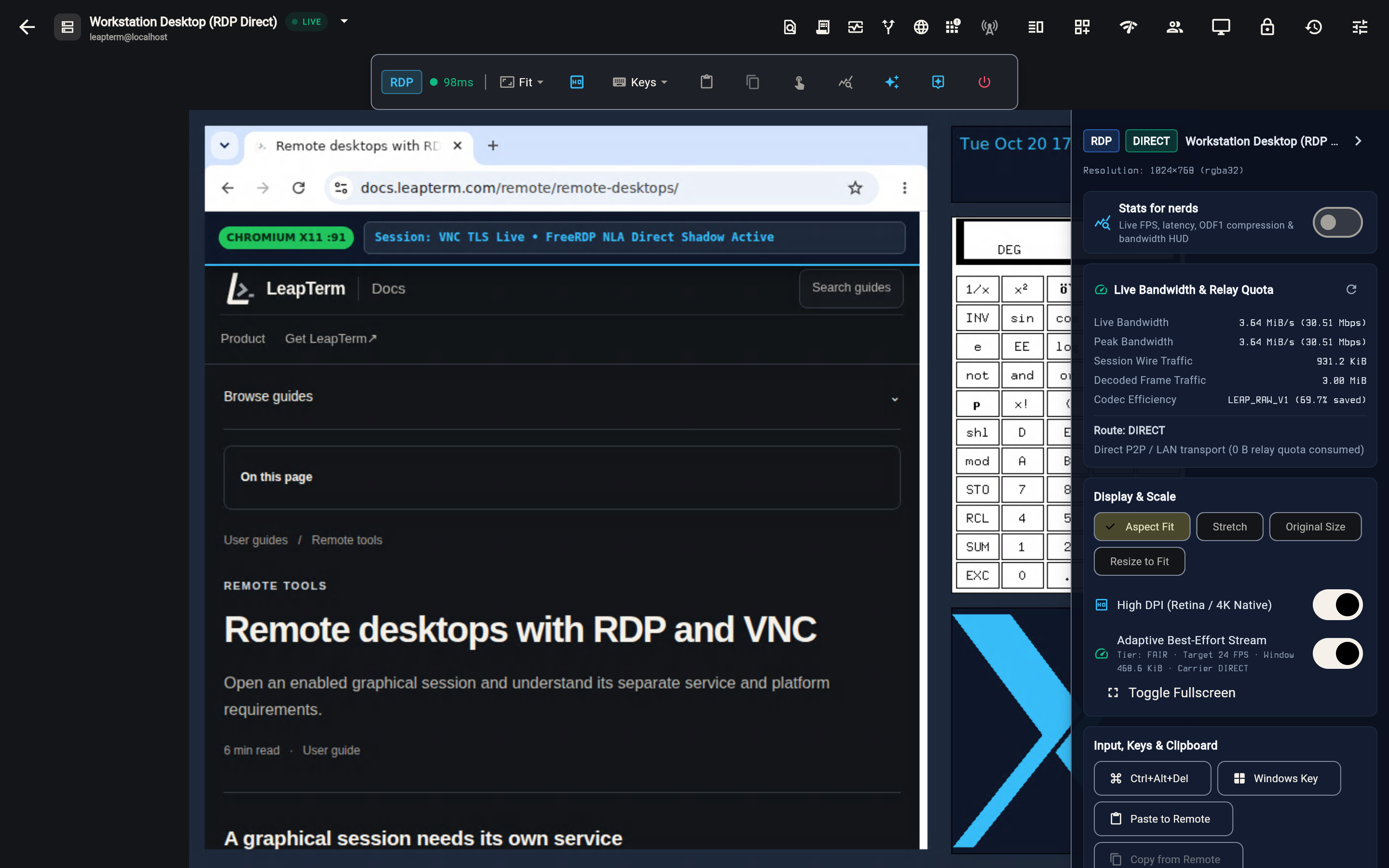 Live RDP (NLA) Direct remote desktop session shadowing the remote workstation with the Remote Desktop Controls drawer open