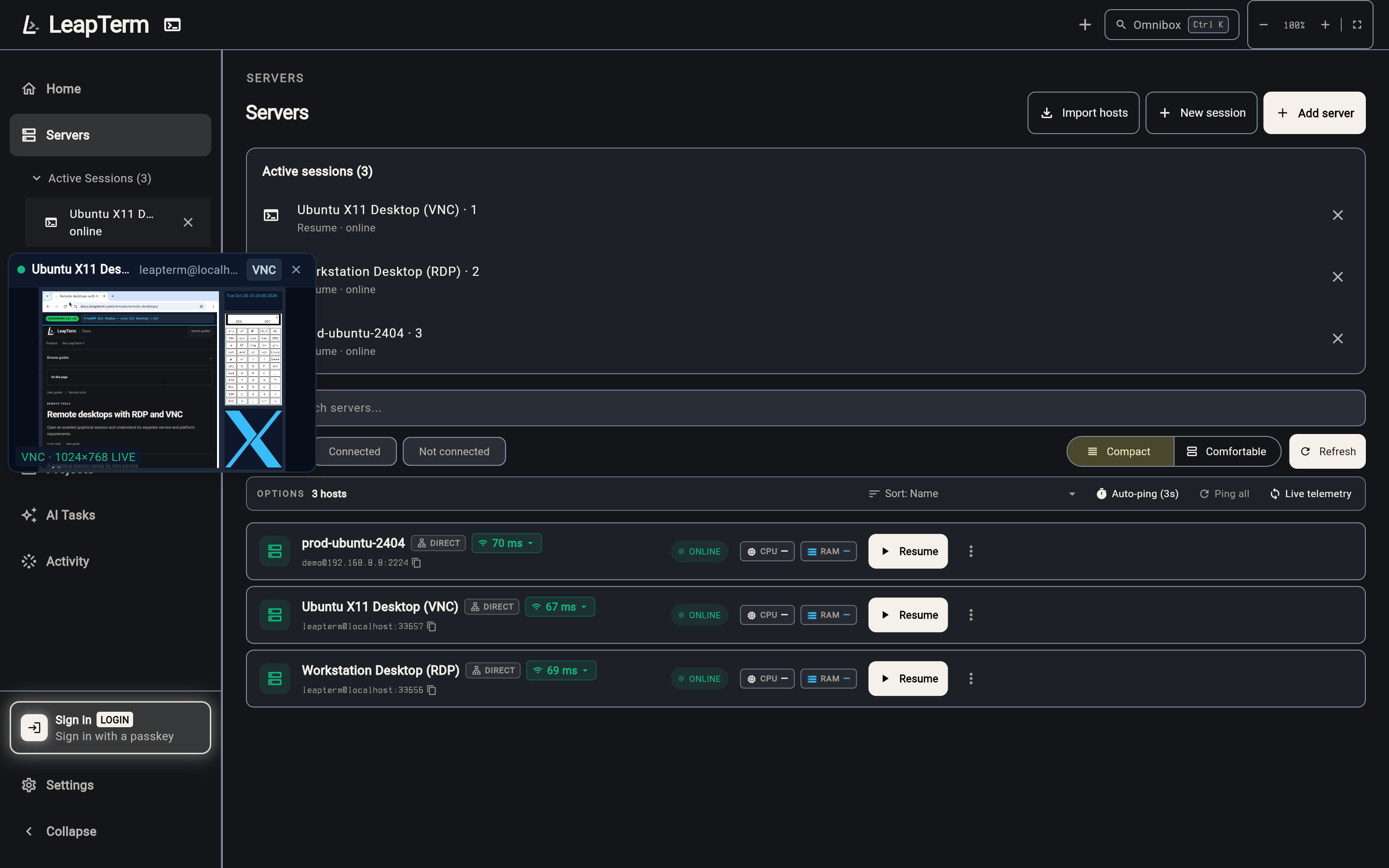 Hovering over an active session row on the Servers screen to preview its live stream before resuming