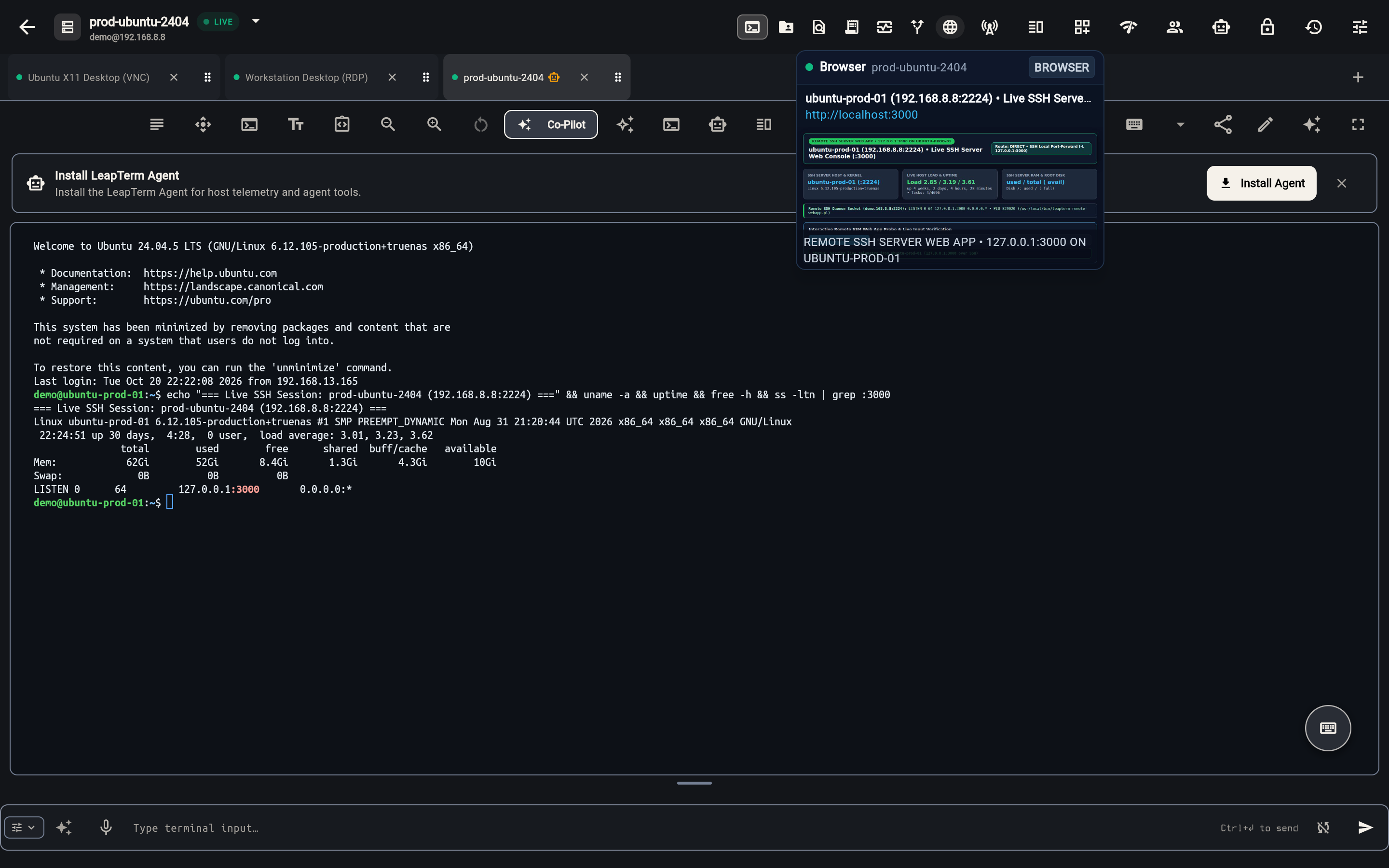 Hovering over the Browser surface tab to preview the live in-app remote browser viewport and HTTP status