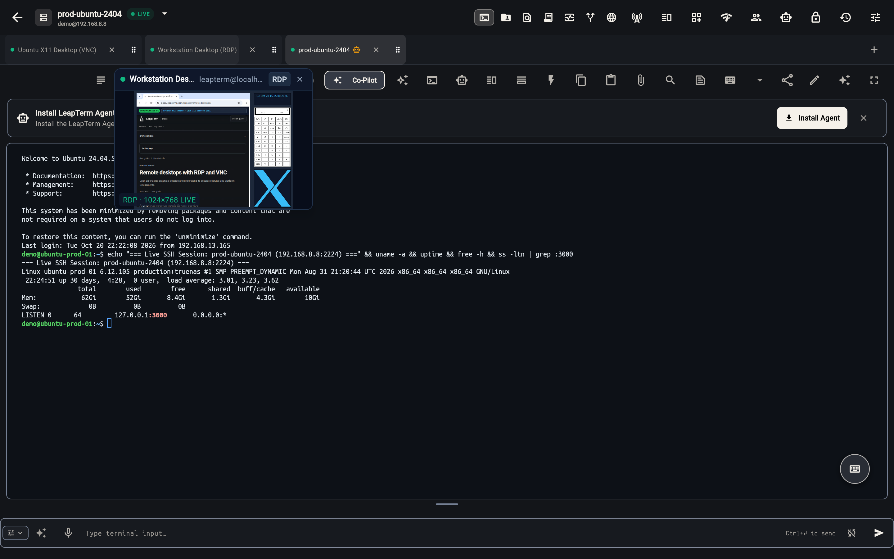 Scrubbing to an adjacent RDP desktop session tab in the top workspace bar to preview the live FreeRDP NLA stream