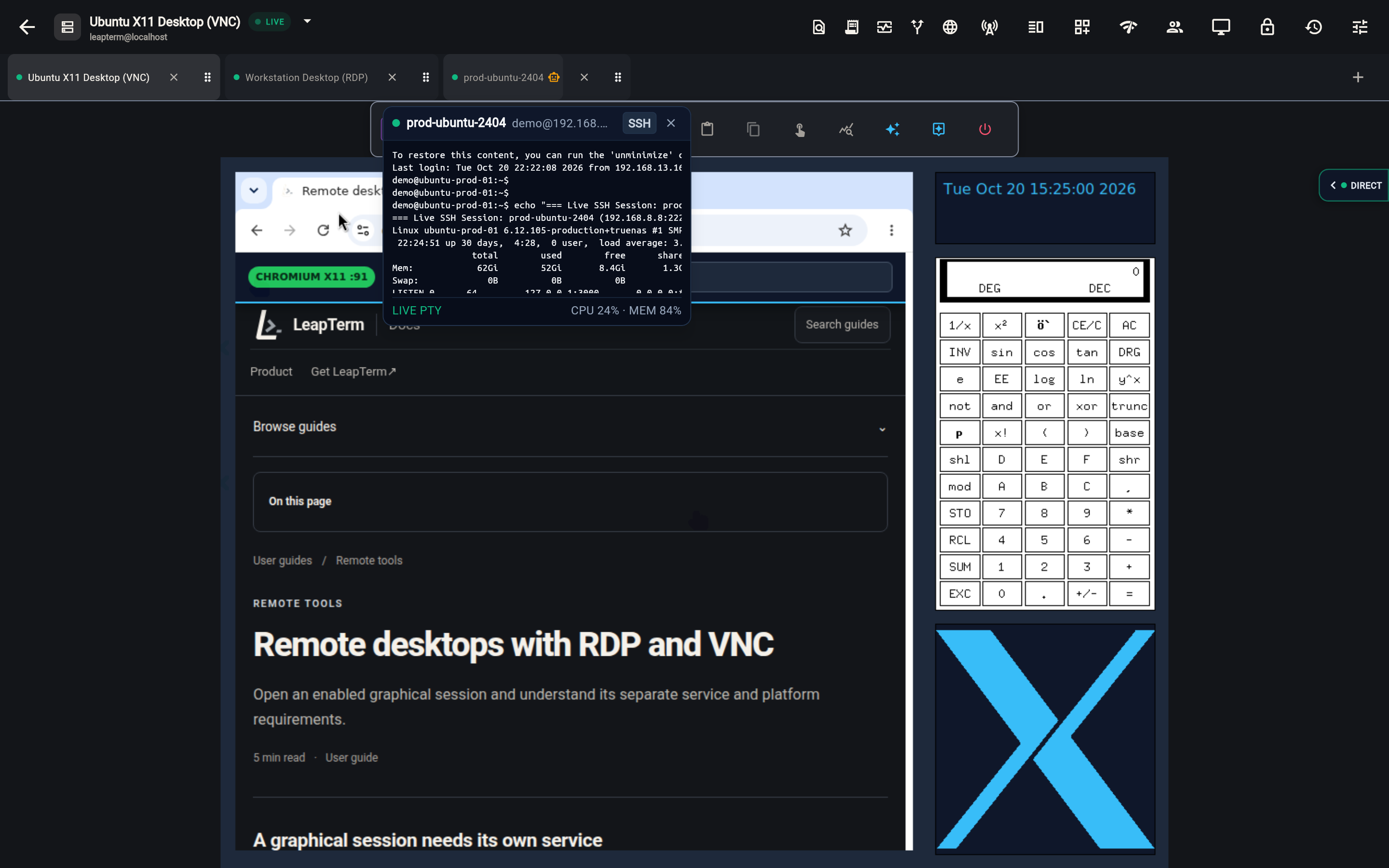 Viewing a live VNC desktop while hovering over an SSH session tab to inspect live PTY output and CPU and memory telemetry