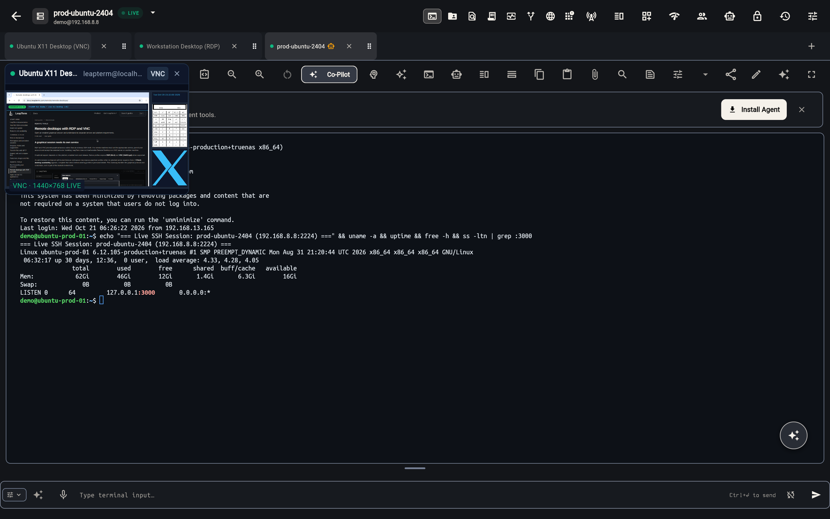 Workspace session bar showing a live floating VNC desktop preview card while working in an SSH terminal