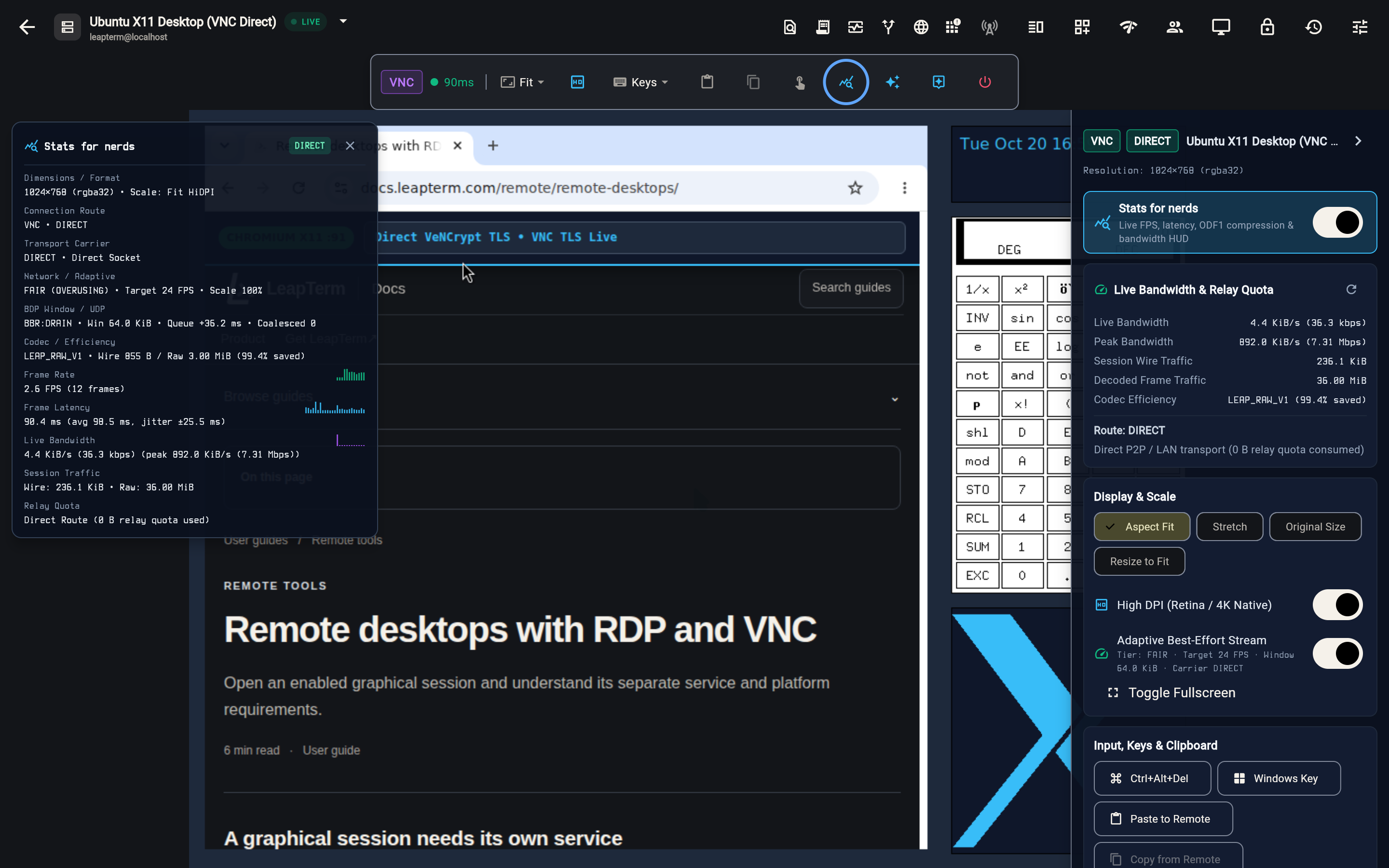 Live VNC (VeNCrypt) Direct remote desktop session with Stats for nerds telemetry overlay and the Remote Desktop Controls drawer