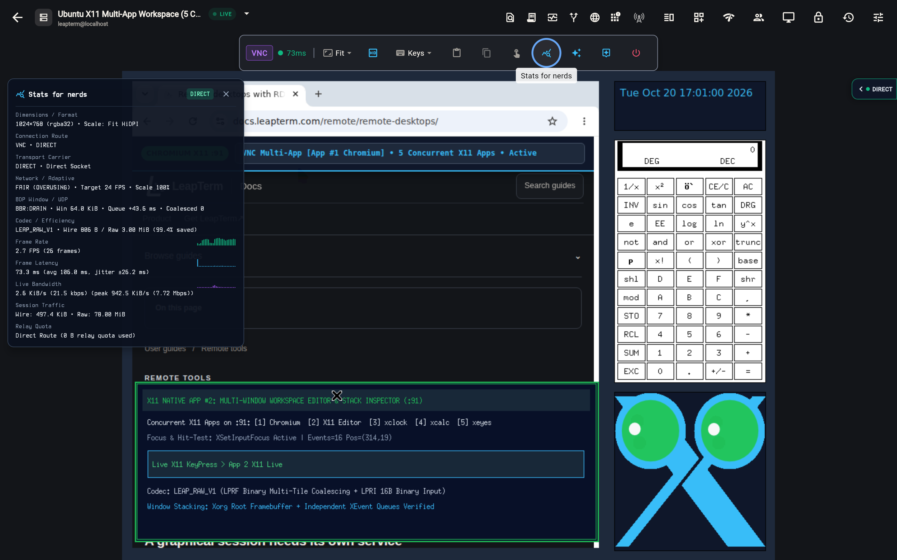 VNC Multi-Application Workspace showing 5 concurrent X11 applications (Chromium, X11 Editor, xclock, xcalc, and xeyes) with independent focus and LEAP_RAW_V1 multi-tile coalescing