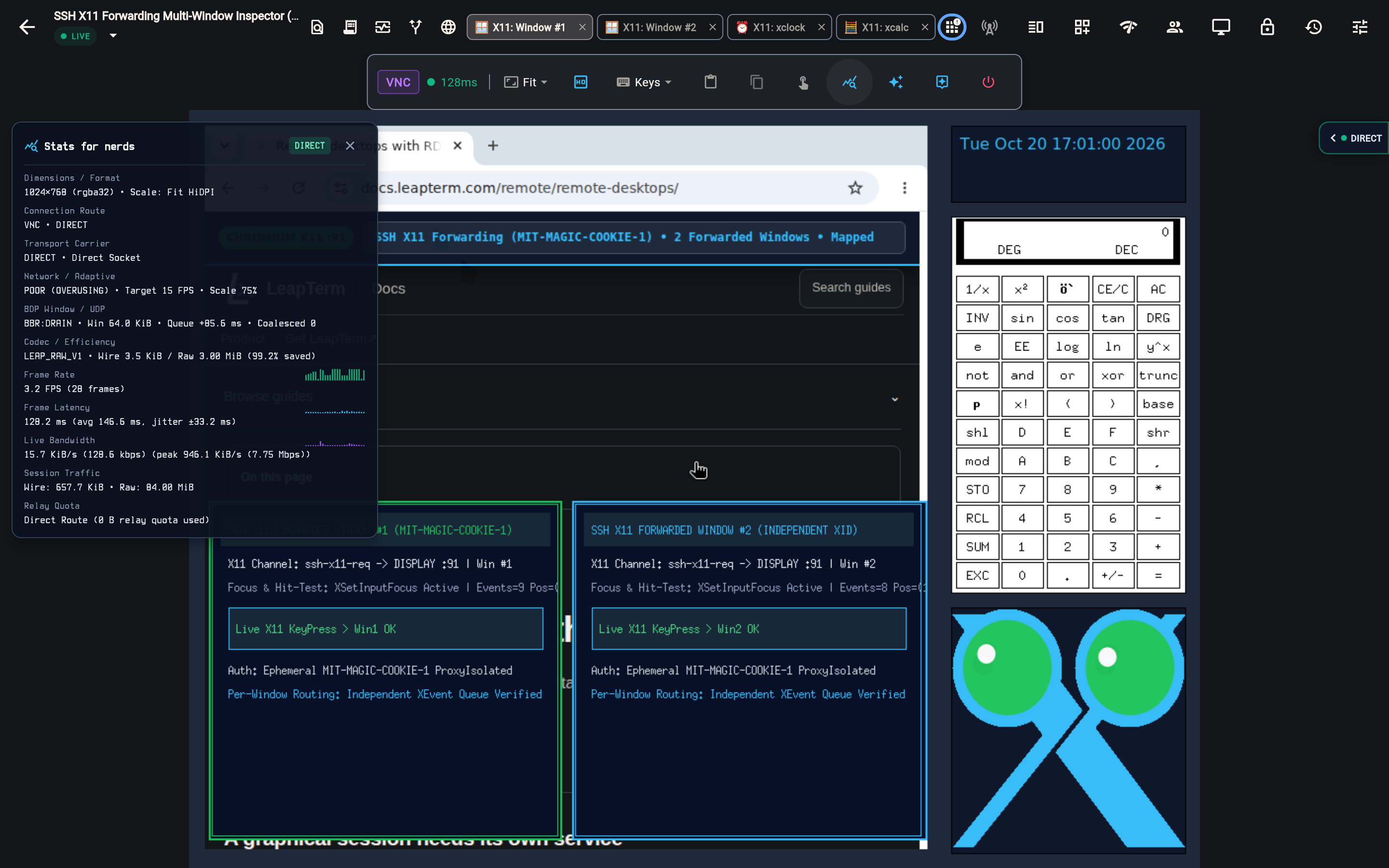 SSH X11 Forwarding Direct Multi-Window session showing per-application X11 tabs in the session tab bar and two independent forwarded X11 windows with MIT-MAGIC-COOKIE-1 proxy isolation