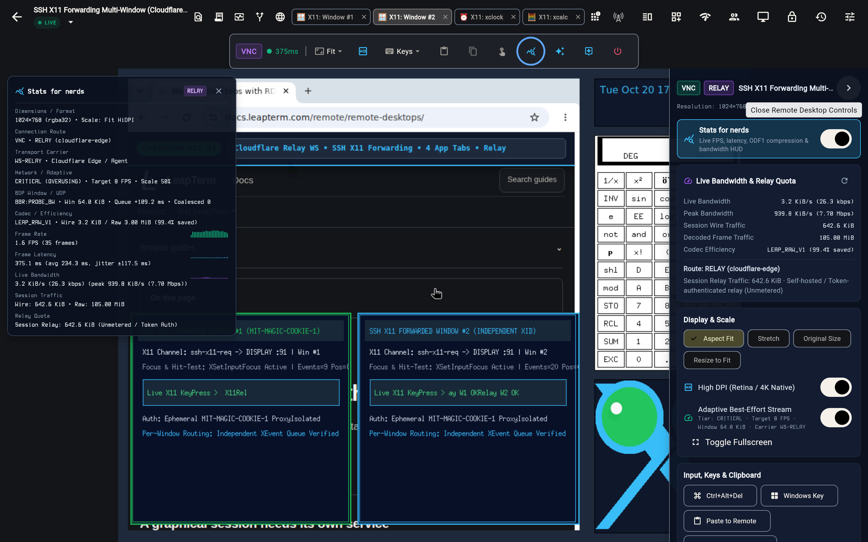 SSH X11 Forwarding Multi-Window session routed via Cloudflare Relay showing per-application X11 tabs, Stats for nerds, and the RELAY controls drawer